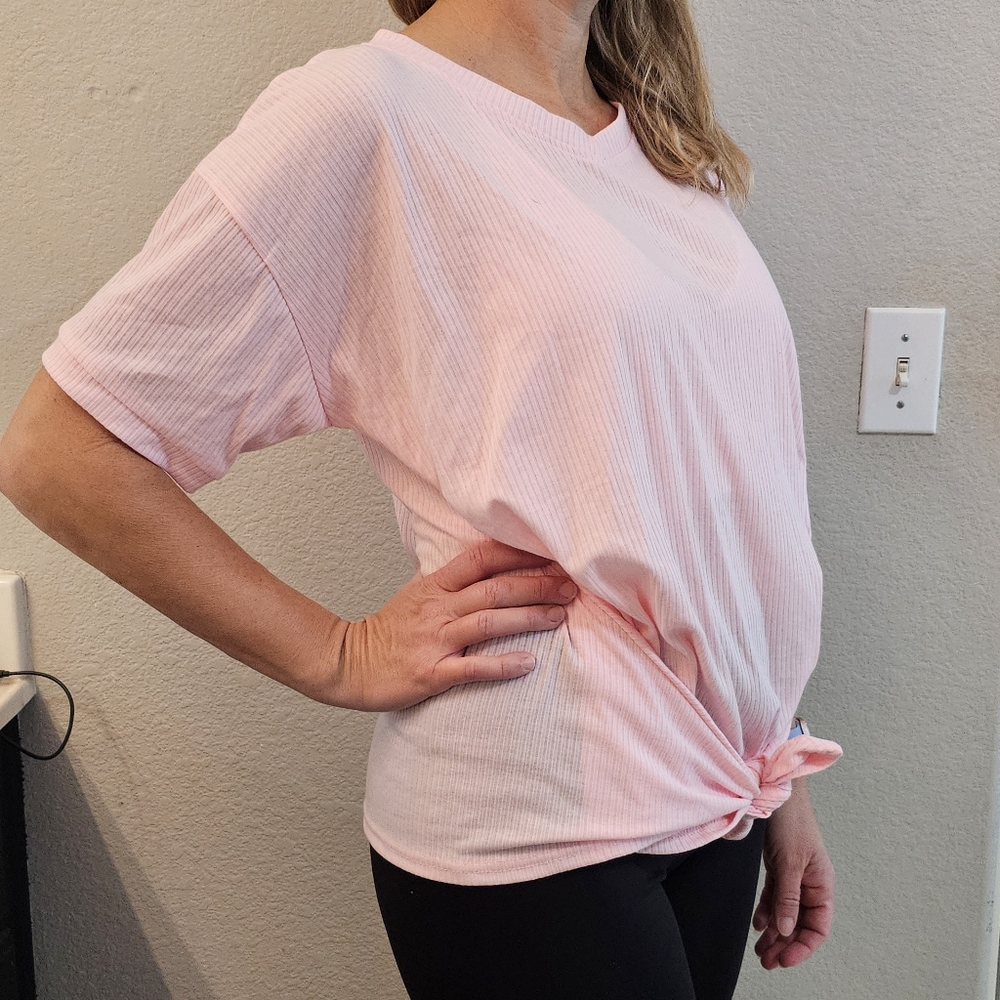 Women's Ribbed Cute Pink Basico Tie Front Short-sleeved Stylish Tshirt Small Fun